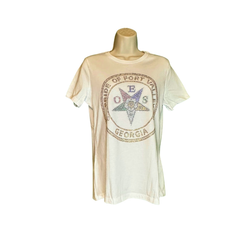 OES custom chapter bling white shirt front view
Order of the Eastern Star bling shirt rhinestone detail